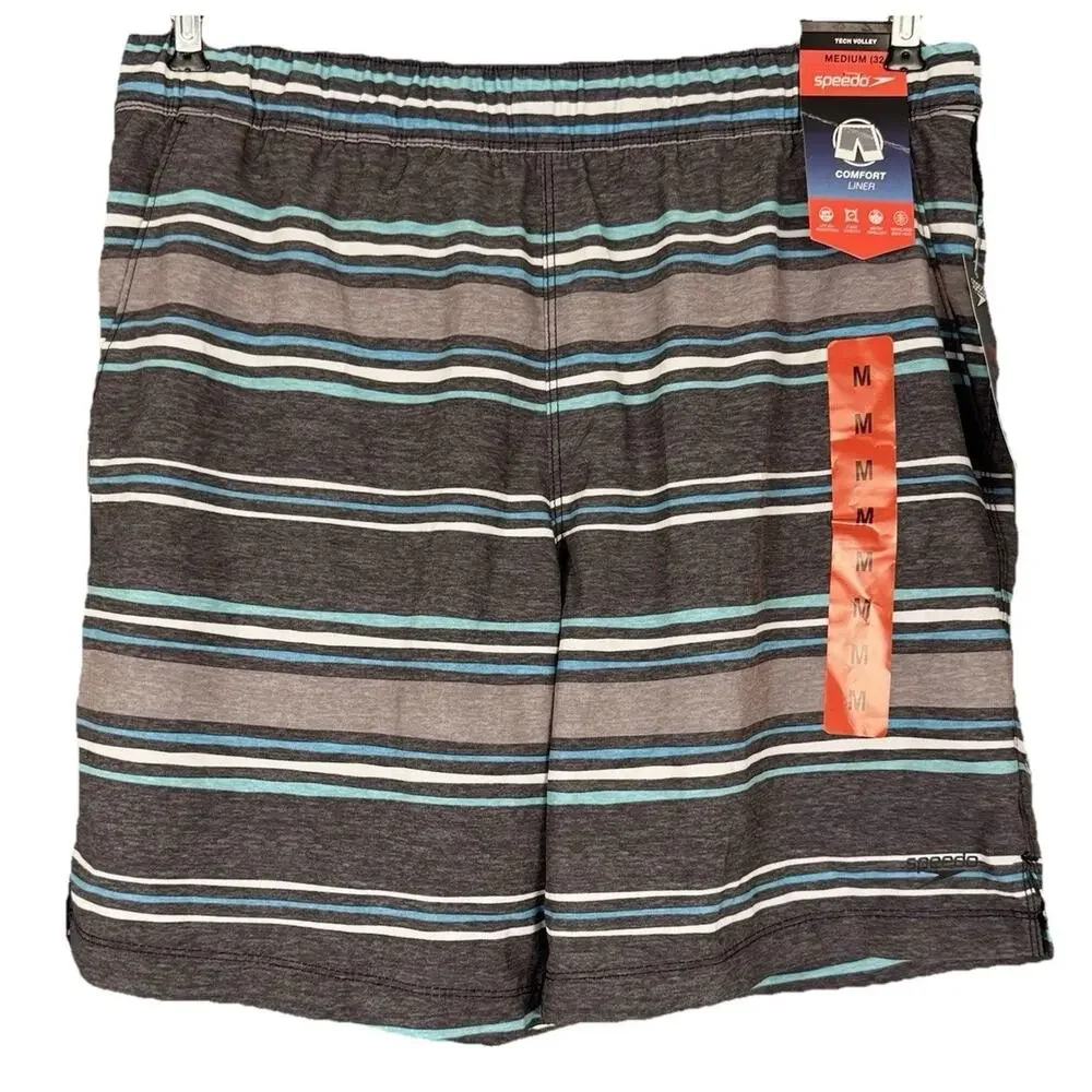 NWT‎ Speedo Mens Tech Volley Swim Sun Shorts 8” Trunks Medium Gray Stripe Lined
